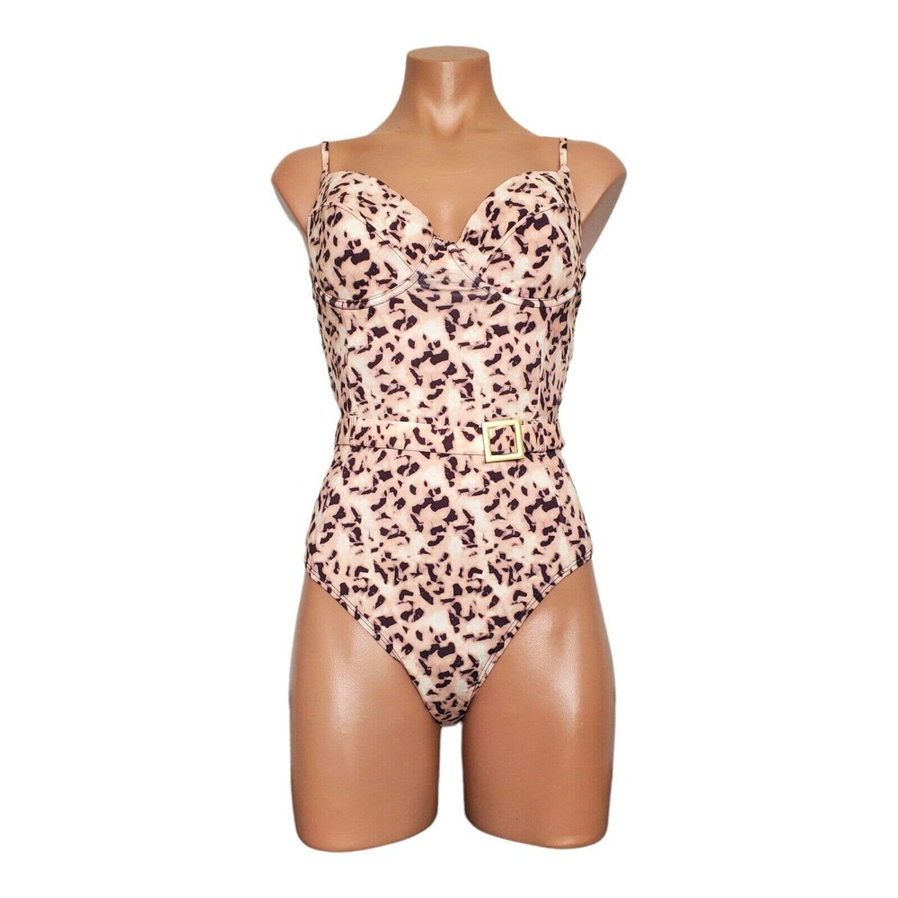 We Wore What Danielle underwire belted tortoise tan one piece swimsuit size M